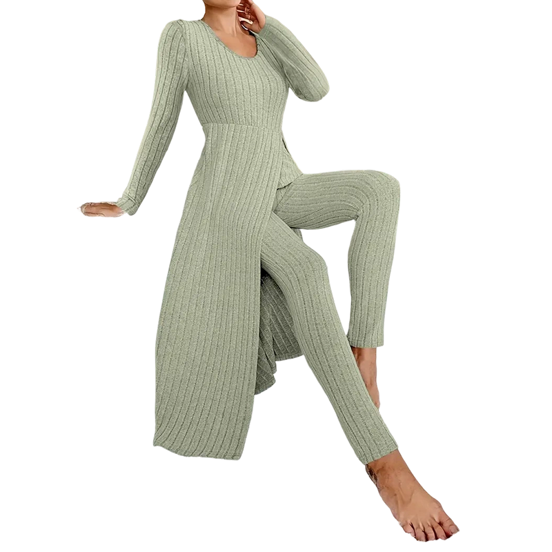 📢🎉50%Rabatt!!!🛍️✨ 2-teiliges Damen-Set: geripptes Longline-Top & schmale Hose
