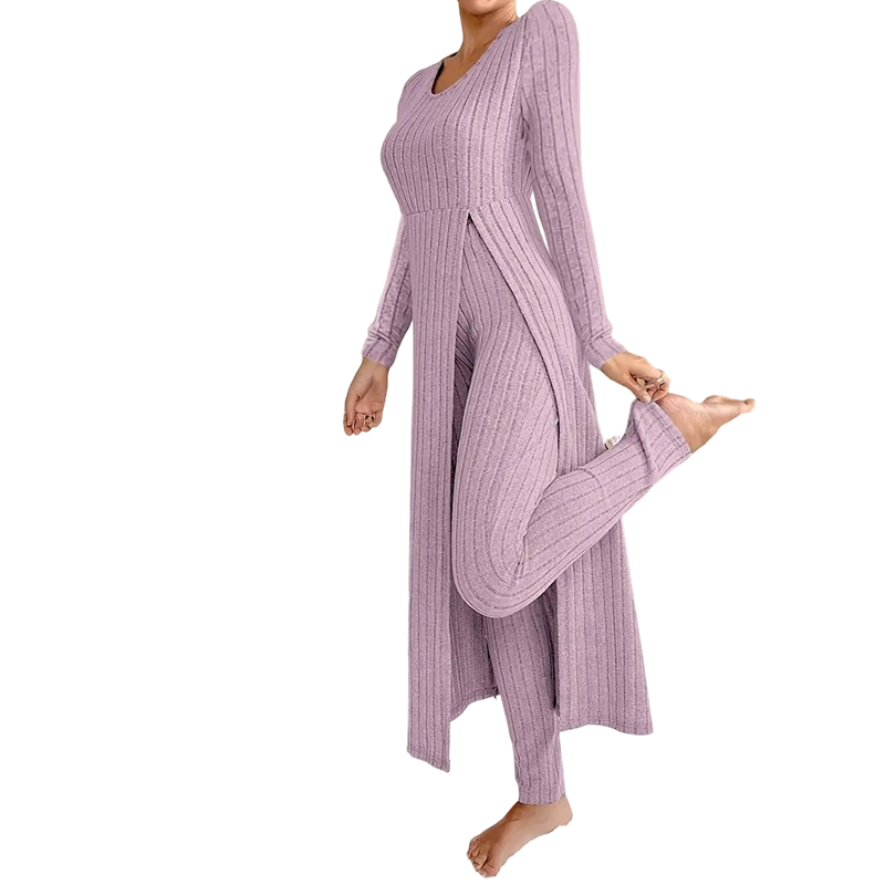 📢🎉50%Rabatt!!!🛍️✨ 2-teiliges Damen-Set: geripptes Longline-Top & schmale Hose