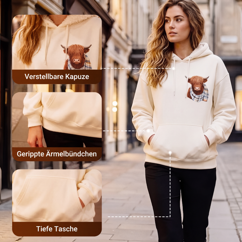 🐮 50 % RABATT | Kuschelig durch kalte Tage – Damen Hoodie mit Highland-Kuh-Motiv & Fleecefutter