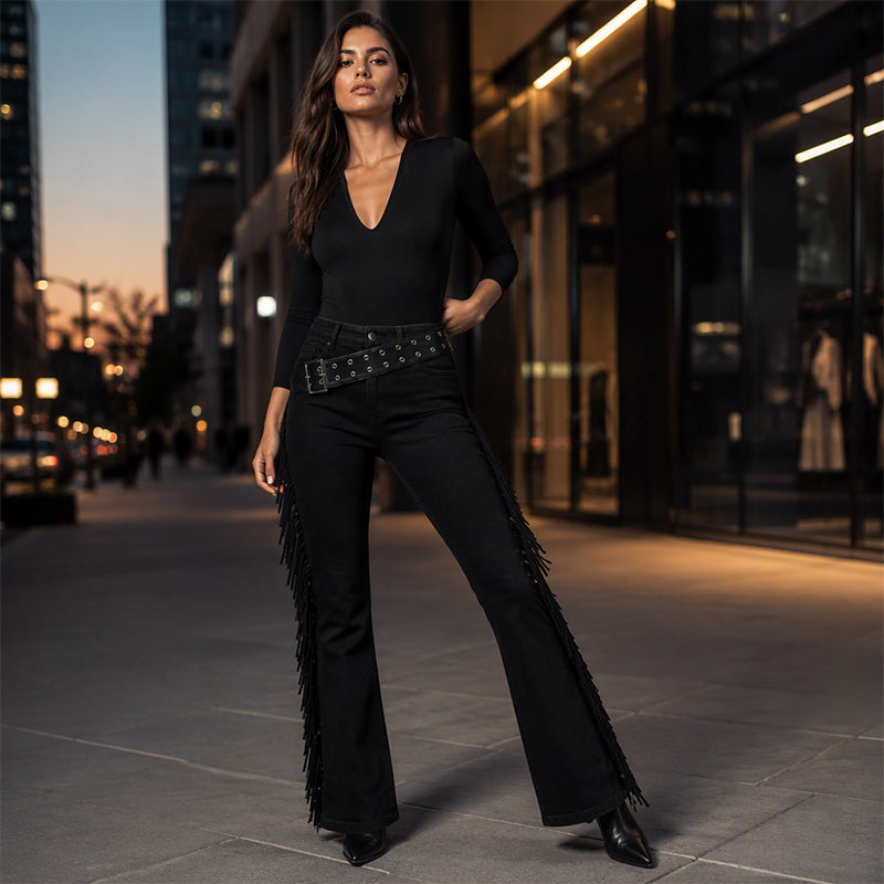 👖 50 % RABATT | Markanter Western-Look & feminine Flare-Silhouette – Damen High-Waist Jeans mit Seitenfransen