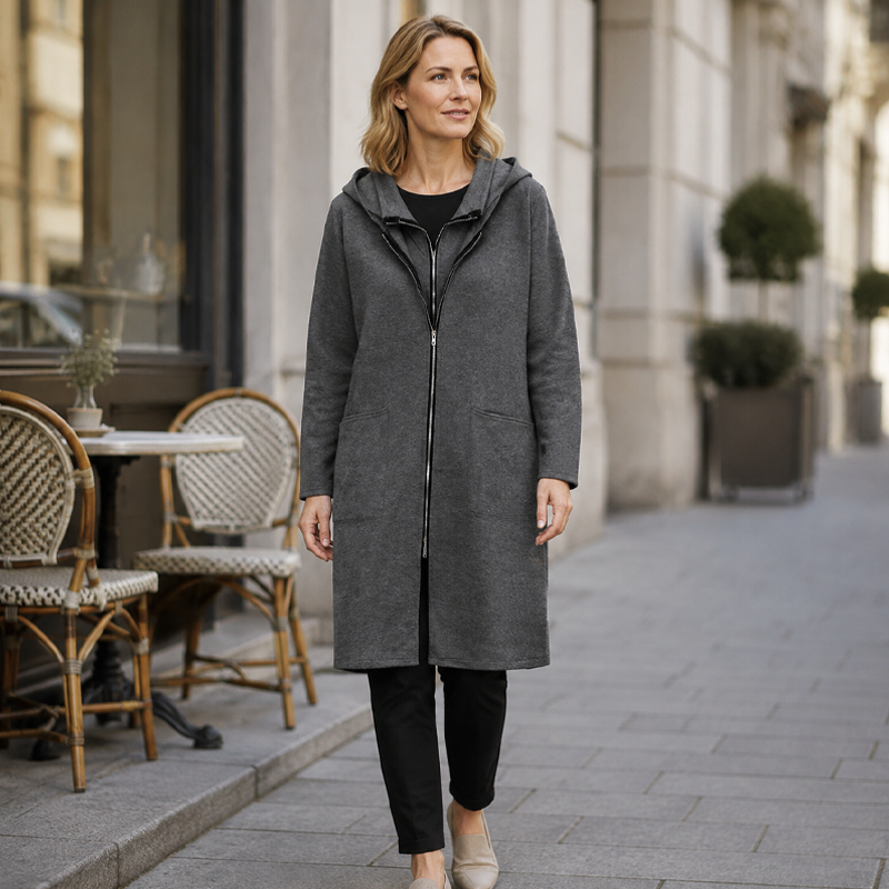 Mittellange Damenjacke mit Kapuze und 2 Reißverschlüssen