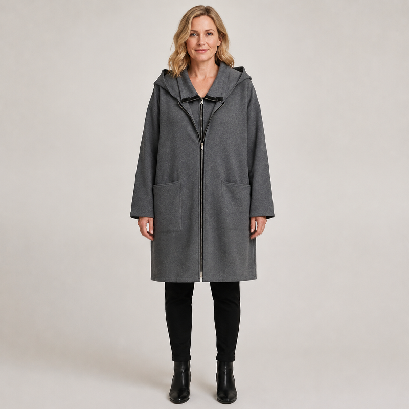 Mittellange Damenjacke mit Kapuze und 2 Reißverschlüssen