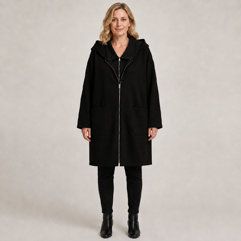 Mittellange Damenjacke mit Kapuze und 2 Reißverschlüssen