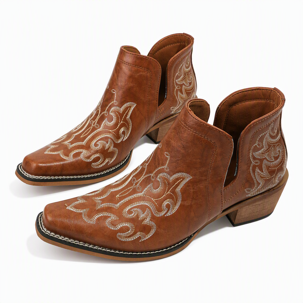 ✨Retro Damen Stiefeletten: V-Cutout, Blockabsatz & Stickerei🍂❄️