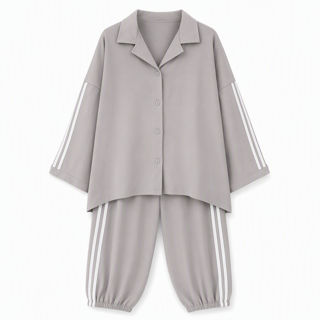 Zweiteiliges lässiges Lounge-Set für Damen mit oversizedem Hemd mit Knopfleiste und Jogginghose mit Seitenstreifen