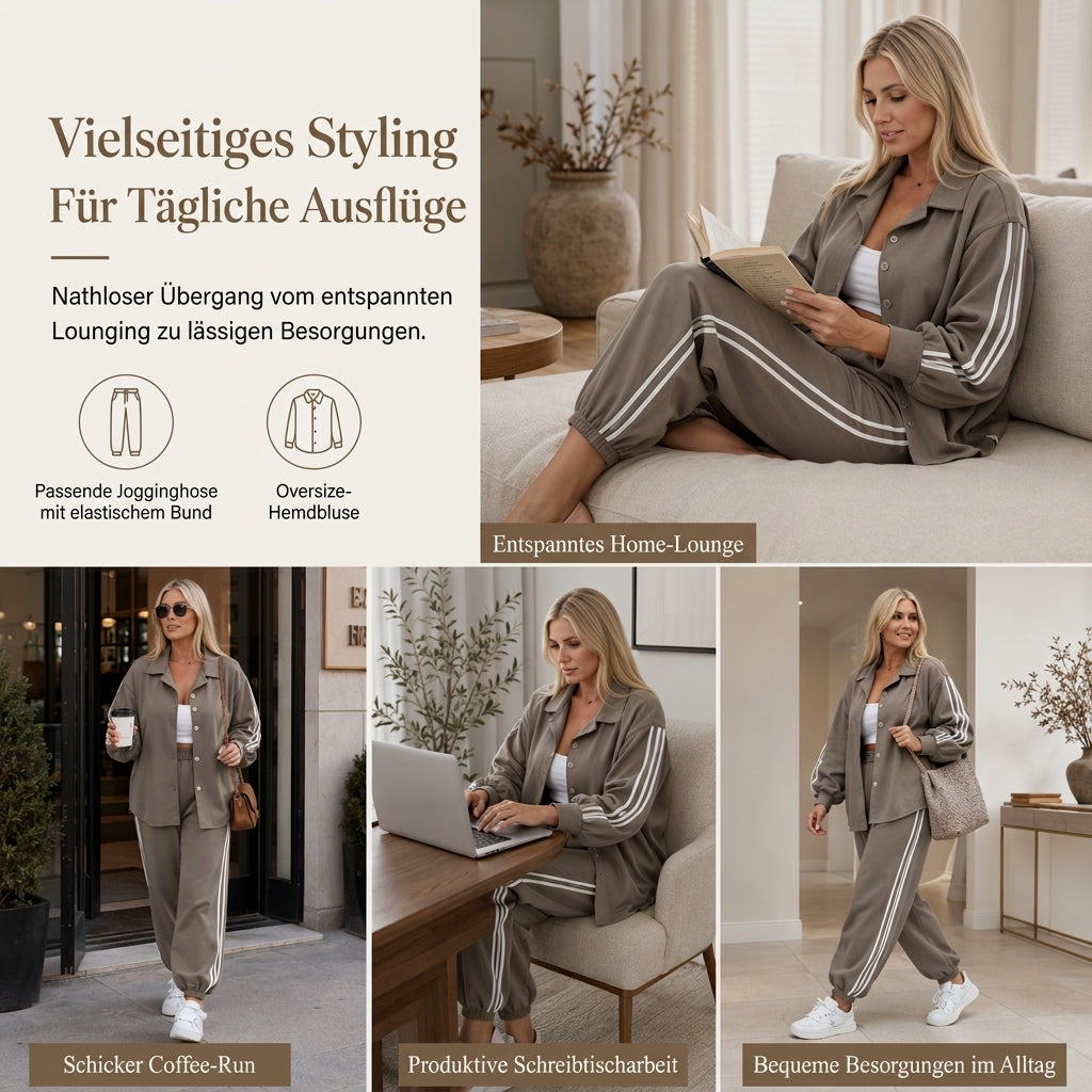 Zweiteiliges lässiges Lounge-Set für Damen mit oversizedem Hemd mit Knopfleiste und Jogginghose mit Seitenstreifen