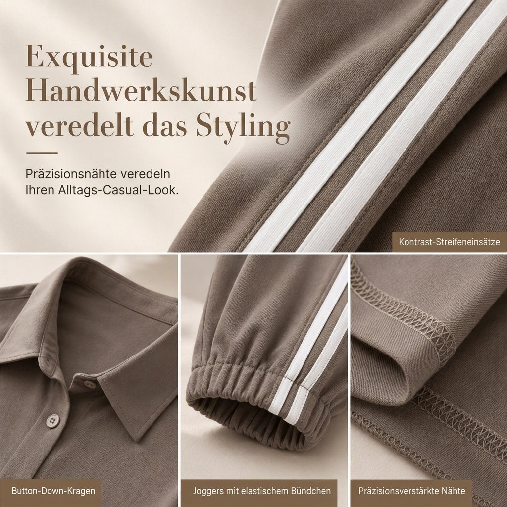 Zweiteiliges lässiges Lounge-Set für Damen mit oversizedem Hemd mit Knopfleiste und Jogginghose mit Seitenstreifen