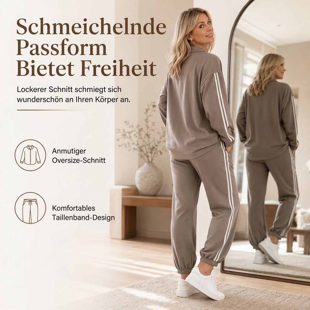Zweiteiliges lässiges Lounge-Set für Damen mit oversizedem Hemd mit Knopfleiste und Jogginghose mit Seitenstreifen