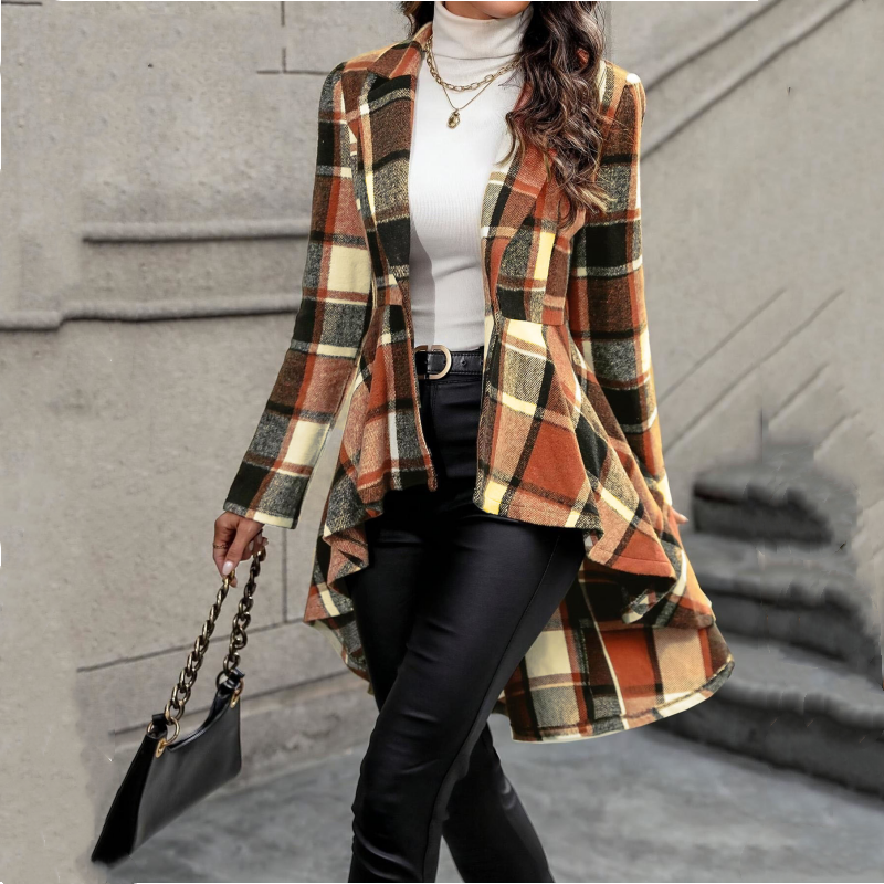 🥳💞 Über 46.000 Stück verkauft!🧥Karierter Damen-Peplum-Mantel mit High-Low-Saum🎁