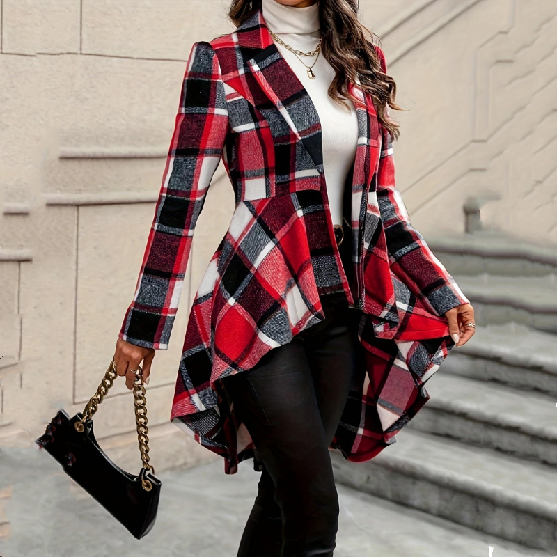 🥳💞 Über 46.000 Stück verkauft!🧥Karierter Damen-Peplum-Mantel mit High-Low-Saum🎁