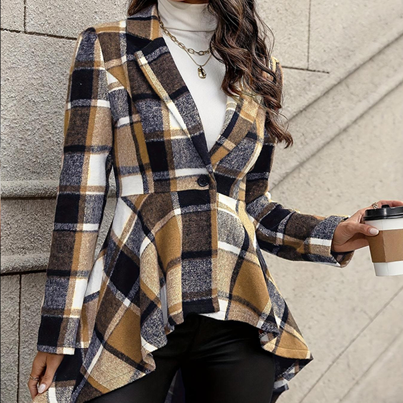 🥳💞 Über 46.000 Stück verkauft!🧥Karierter Damen-Peplum-Mantel mit High-Low-Saum🎁