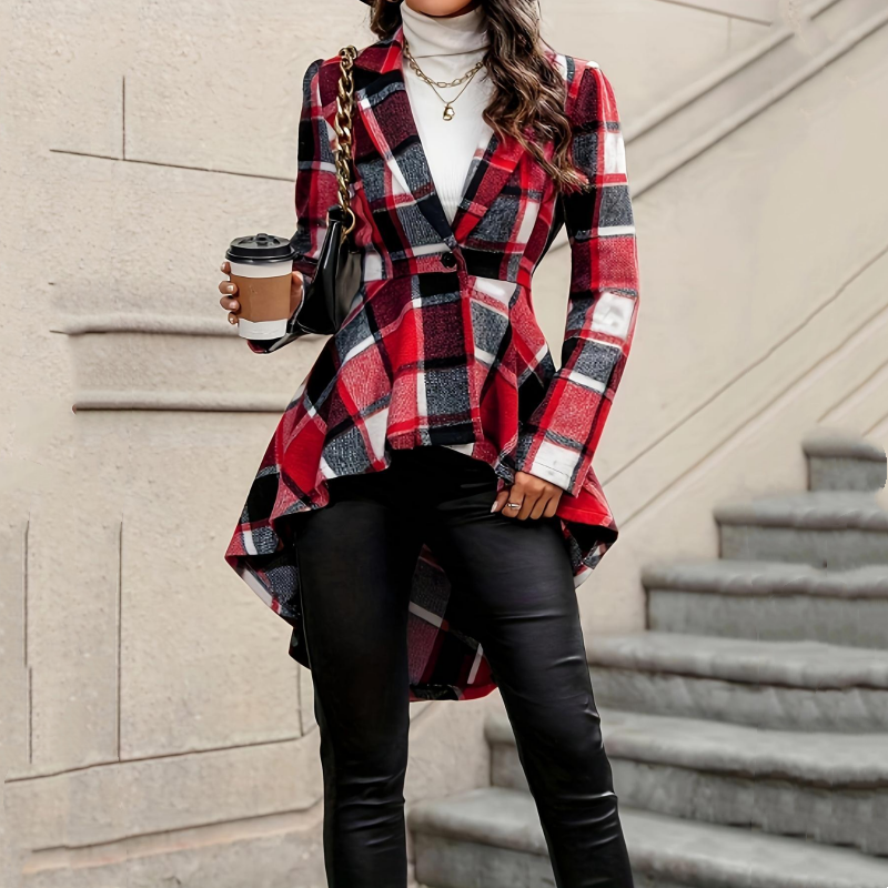 🥳💞 Über 46.000 Stück verkauft!🧥Karierter Damen-Peplum-Mantel mit High-Low-Saum🎁