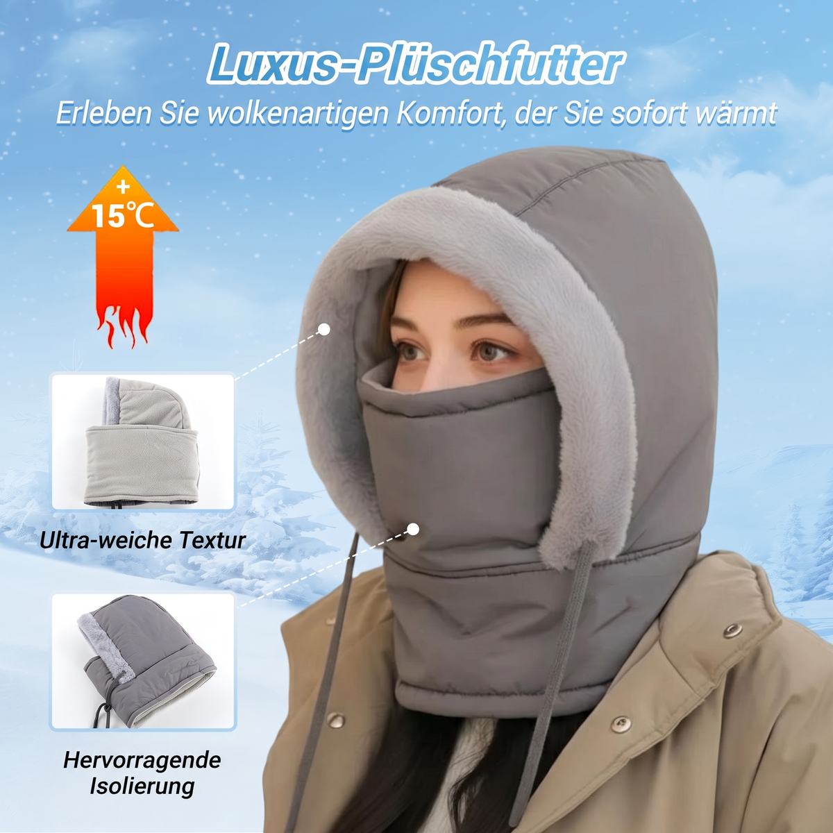 Dicker Thermomütze mit Plüschfutter und Gesichtsmaske