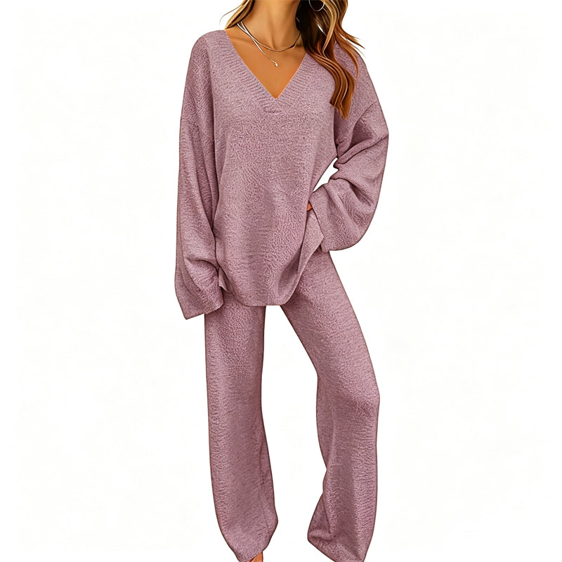 📢🎉50%Rabatt!!!🛍️✨Gestricktes V-Ausschnitt-Pullover & Weite-Hosen-Set für Damen