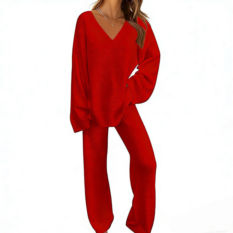 📢🎉50%Rabatt!!!🛍️✨Gestricktes V-Ausschnitt-Pullover & Weite-Hosen-Set für Damen