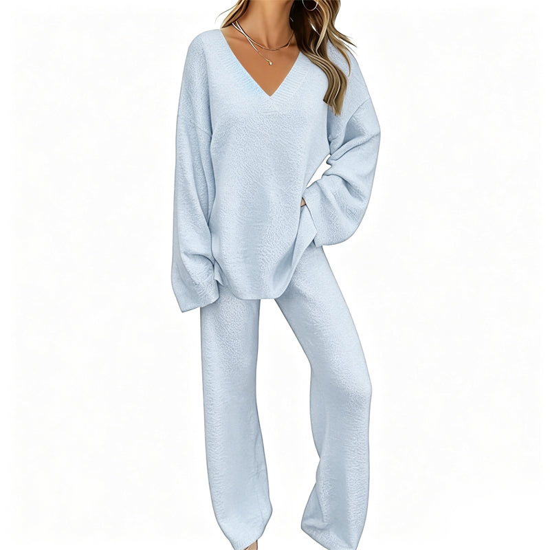 📢🎉50%Rabatt!!!🛍️✨Gestricktes V-Ausschnitt-Pullover & Weite-Hosen-Set für Damen