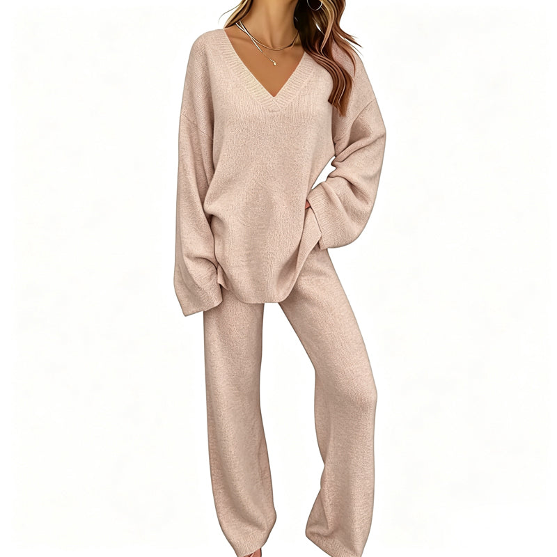 📢🎉50%Rabatt!!!🛍️✨Gestricktes V-Ausschnitt-Pullover & Weite-Hosen-Set für Damen