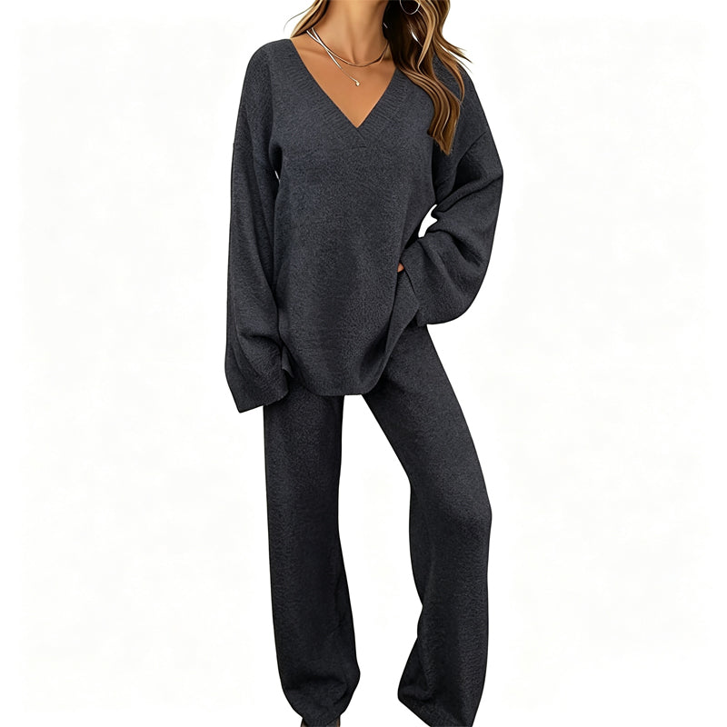 📢🎉50%Rabatt!!!🛍️✨Gestricktes V-Ausschnitt-Pullover & Weite-Hosen-Set für Damen
