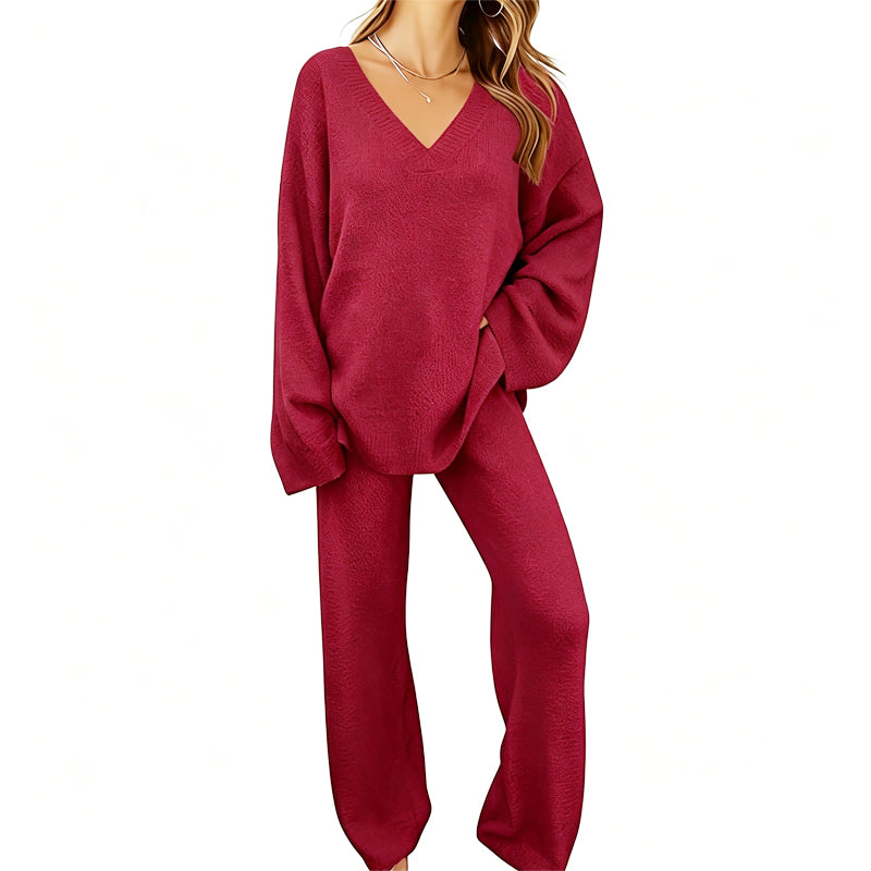 📢🎉50%Rabatt!!!🛍️✨Gestricktes V-Ausschnitt-Pullover & Weite-Hosen-Set für Damen
