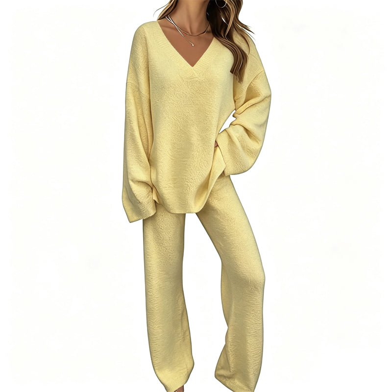 📢🎉50%Rabatt!!!🛍️✨Gestricktes V-Ausschnitt-Pullover & Weite-Hosen-Set für Damen