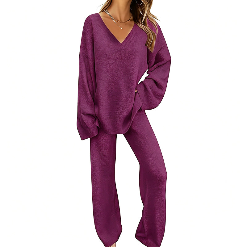 📢🎉50%Rabatt!!!🛍️✨Gestricktes V-Ausschnitt-Pullover & Weite-Hosen-Set für Damen