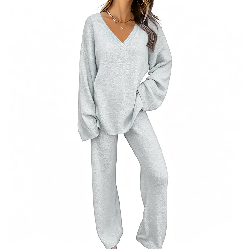 📢🎉50%Rabatt!!!🛍️✨Gestricktes V-Ausschnitt-Pullover & Weite-Hosen-Set für Damen
