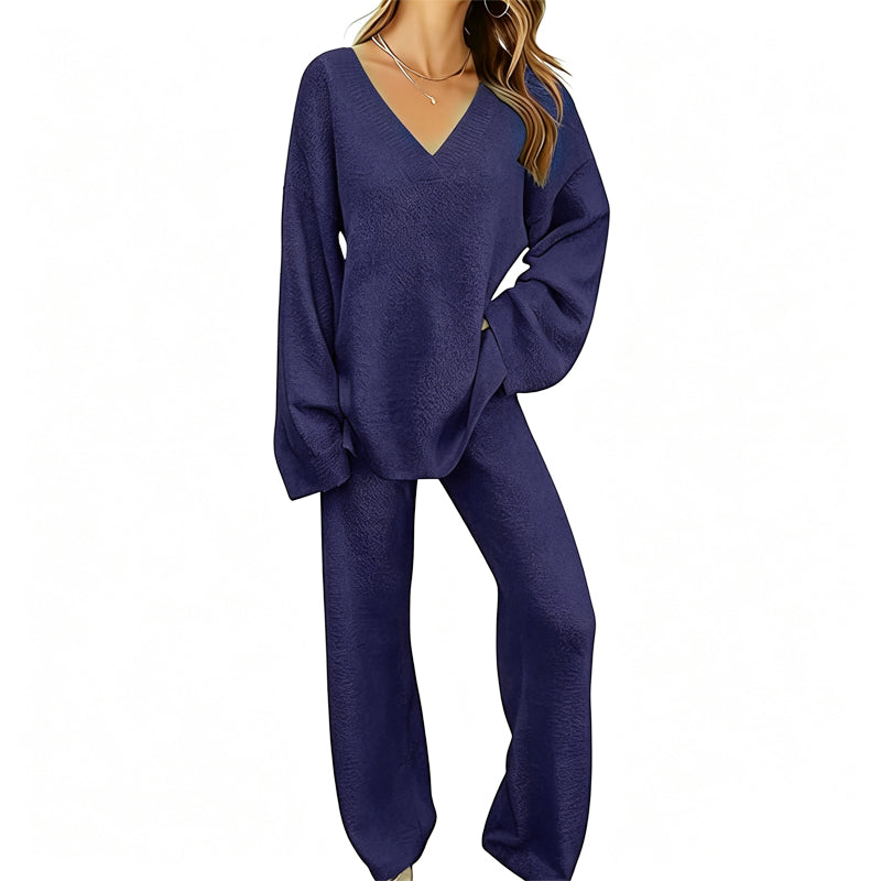 📢🎉50%Rabatt!!!🛍️✨Gestricktes V-Ausschnitt-Pullover & Weite-Hosen-Set für Damen