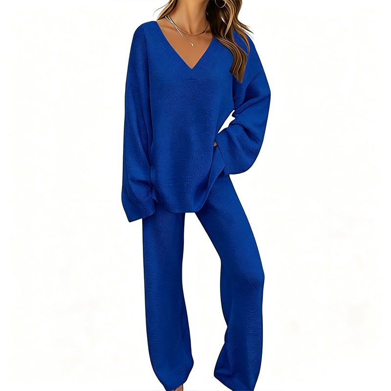 📢🎉50%Rabatt!!!🛍️✨Gestricktes V-Ausschnitt-Pullover & Weite-Hosen-Set für Damen