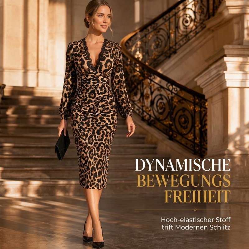 📢🎉50%Rabatt!!!🛍️✨Damen Midikleid mit Spitze, Leopardenmuster, V-Ausschnitt und Laternenärmeln