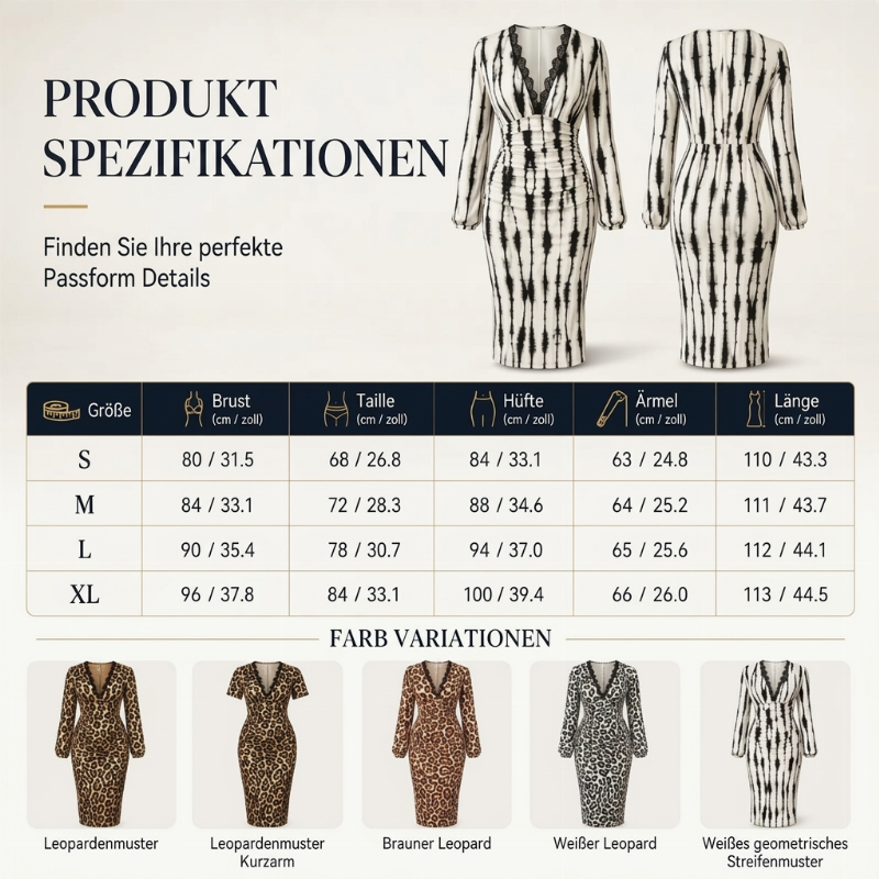 📢🎉50%Rabatt!!!🛍️✨Damen Midikleid mit Spitze, Leopardenmuster, V-Ausschnitt und Laternenärmeln