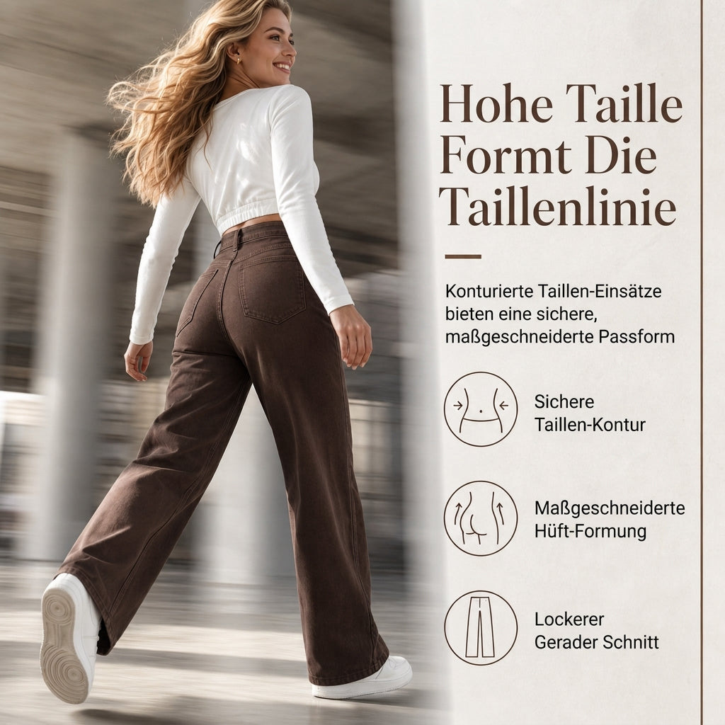 Damen Retro Jeans mit hoher Taille und weitem Bein, weich fallende, bodenlange Denim-Hose