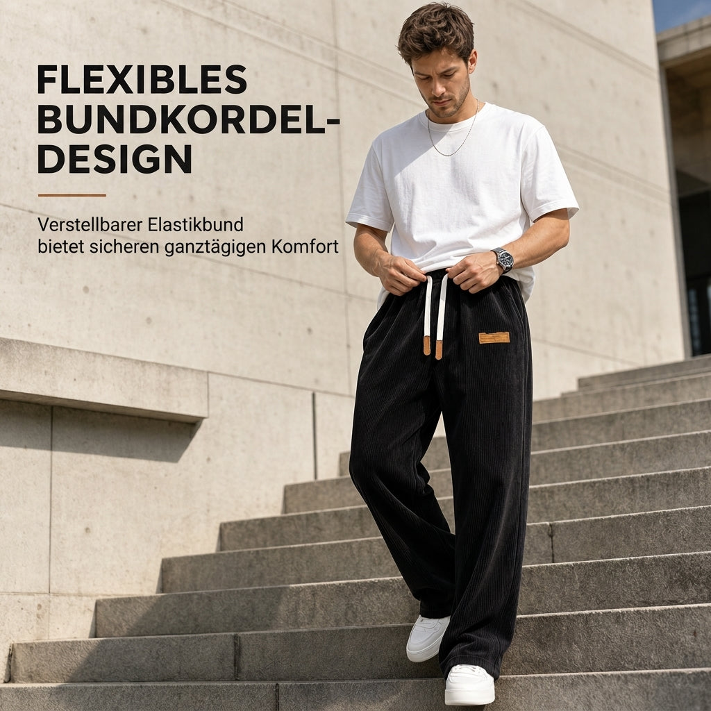 Herren Freizeit-Cordhose mit weitem Bein, elastischem Kordelbund, entspannter Passform