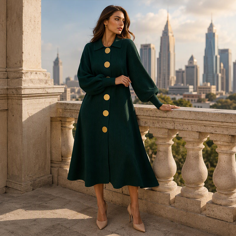 🔥 Beliebtes Produkt ！✨Damen Maxikleid aus Rippstrick mit Laternenärmeln