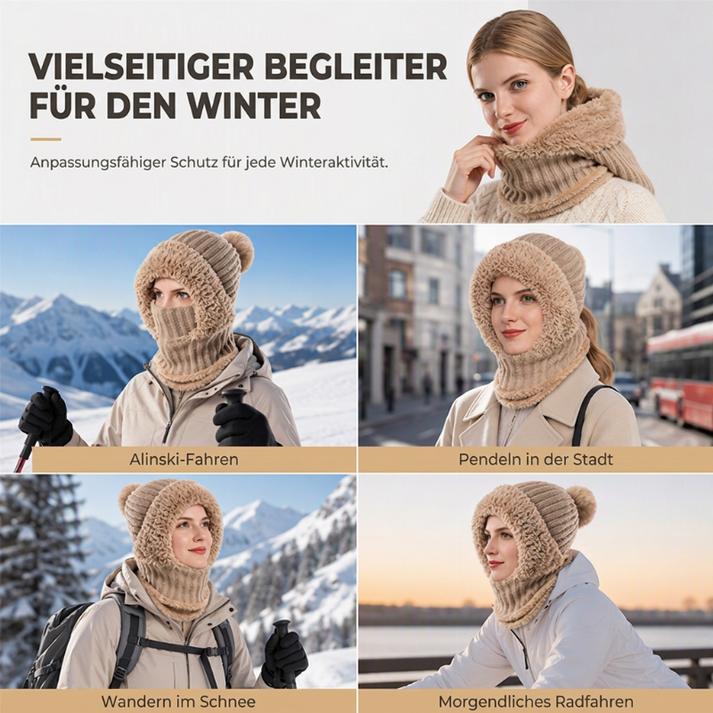 Damen Winter Einteilige Gestrickte Mütze Schal Maske