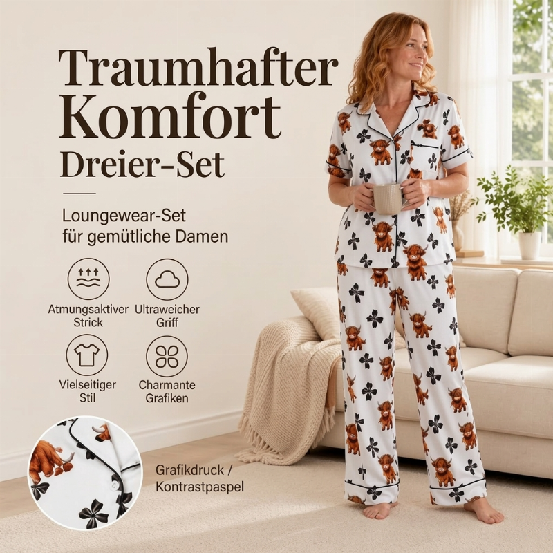 🌟 Der Look, den alle suchen – bei uns 50% günstiger!  Damen 3-teiliges Pyjama-Set mit Hochlandkuh-Print