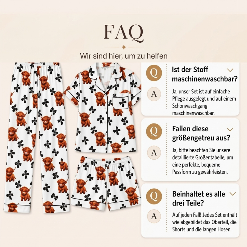 🌟 Der Look, den alle suchen – bei uns 50% günstiger!  Damen 3-teiliges Pyjama-Set mit Hochlandkuh-Print