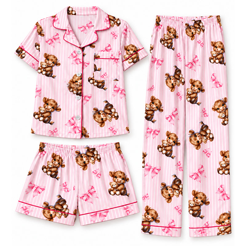 🌟 Der Look, den alle suchen – bei uns 50% günstiger!  Damen 3-teiliges Pyjama-Set mit Hochlandkuh-Print