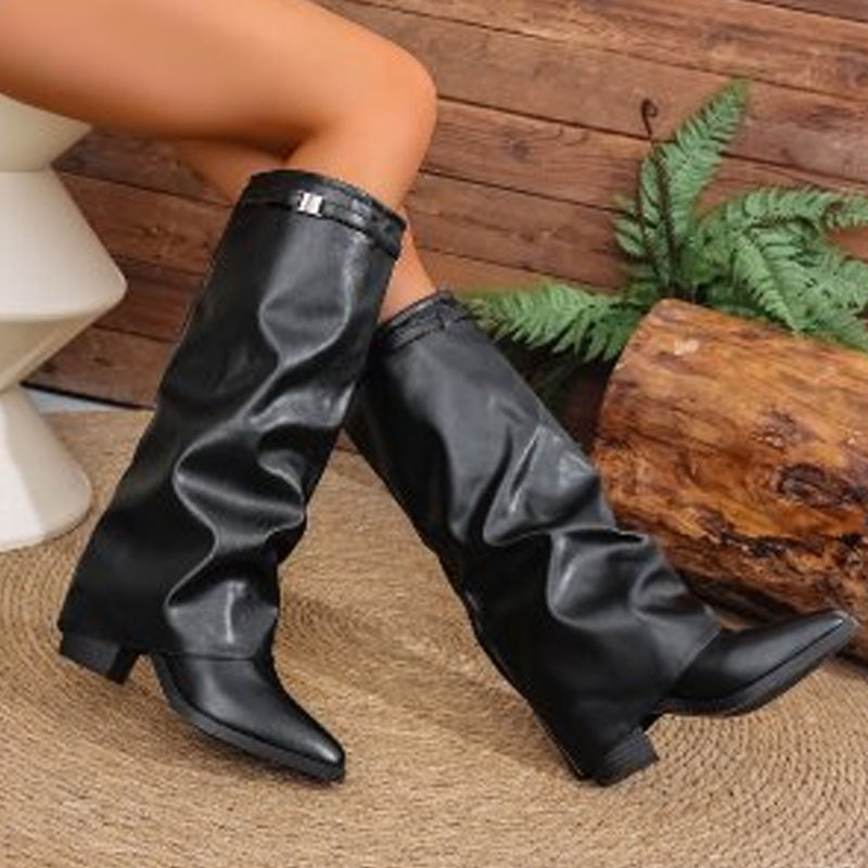 Damen lässige Kniestiefel mit klobiger Sohle