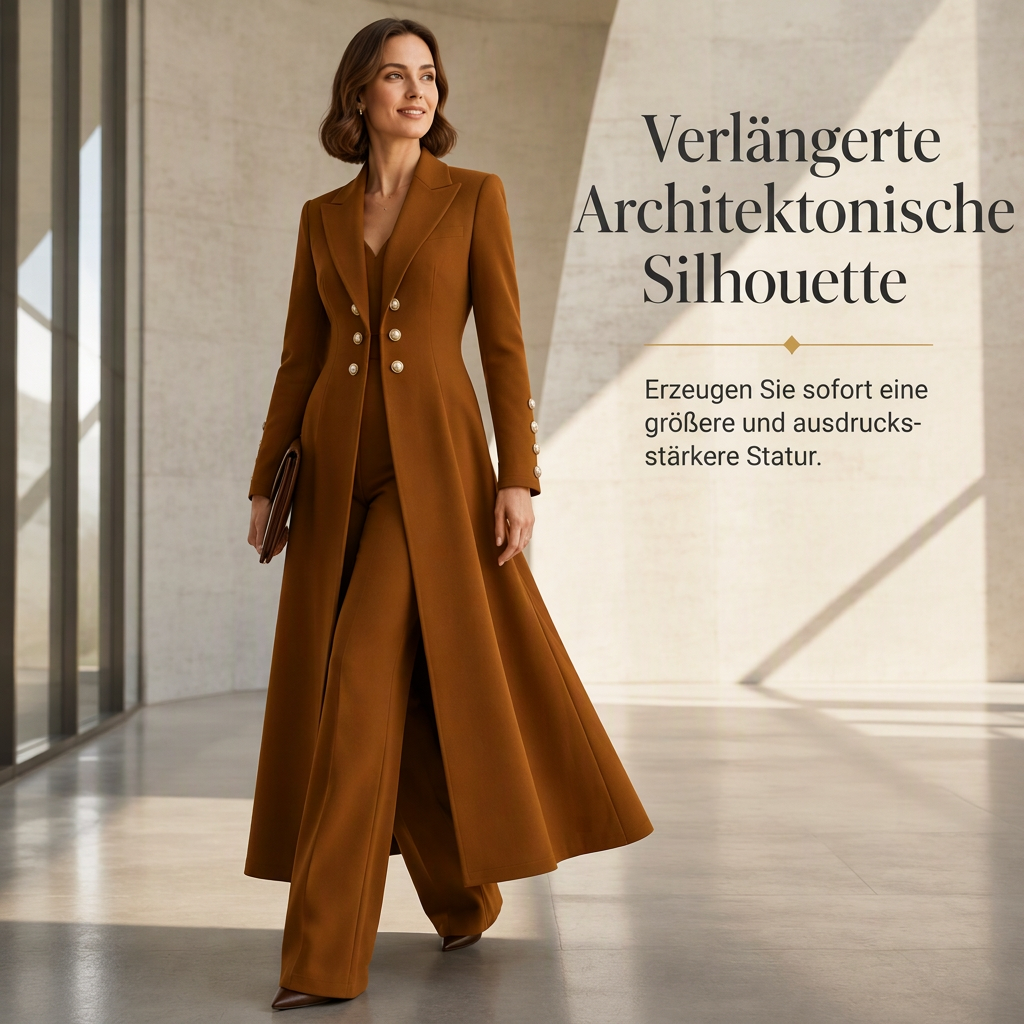 Elegantes herbstliches 2-Teiler-Outfit für Damen mit Retro-Langmantel und schlichter Hose