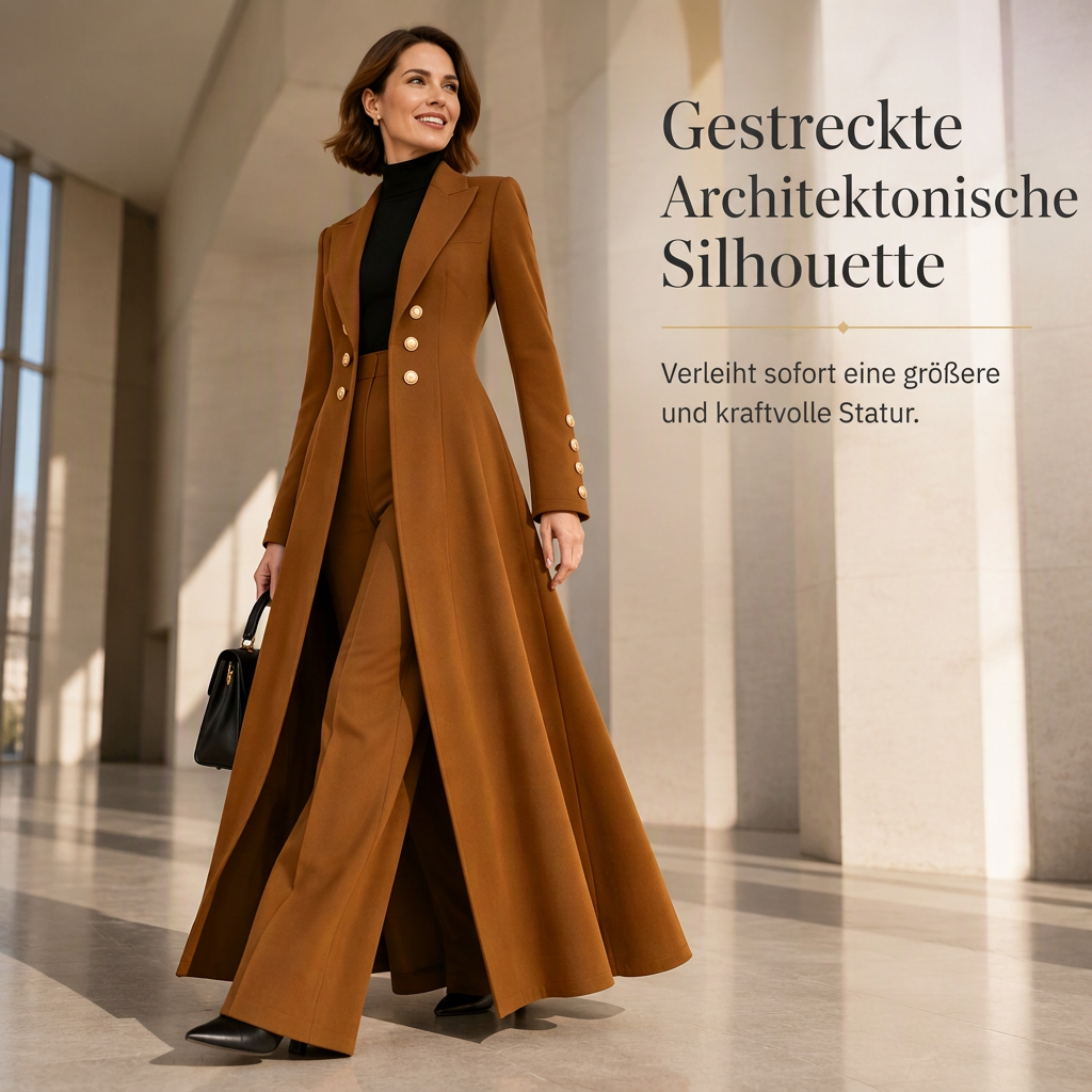 Elegantes herbstliches 2-Teiler-Outfit für Damen mit Retro-Langmantel und schlichter Hose