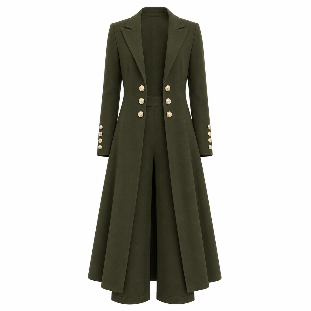 Elegantes herbstliches 2-Teiler-Outfit für Damen mit Retro-Langmantel und schlichter Hose