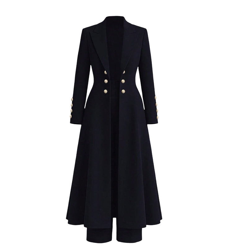 Elegantes herbstliches 2-Teiler-Outfit für Damen mit Retro-Langmantel und schlichter Hose