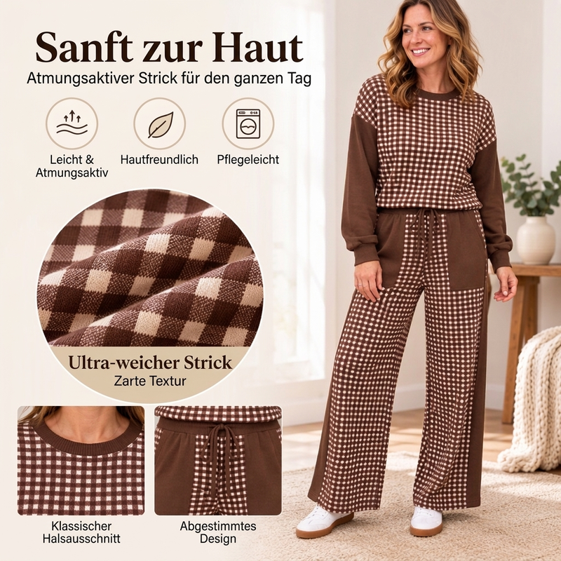 📢🎉50%Rabatt!!!🛍️✨Damen Karomix Langarmoberteil & Weithosen Set