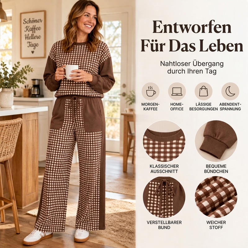 📢🎉50%Rabatt!!!🛍️✨Damen Karomix Langarmoberteil & Weithosen Set