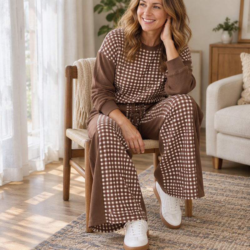 📢🎉50%Rabatt!!!🛍️✨Damen Karomix Langarmoberteil & Weithosen Set