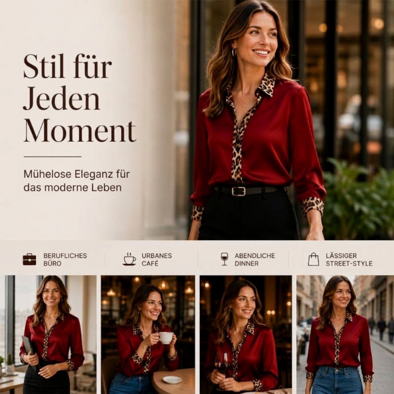 Damen-Satinbluse mit Leoparden-Patchwork