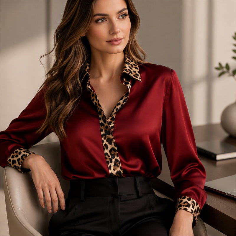 Damen-Satinbluse mit Leoparden-Patchwork
