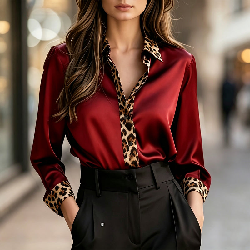 Damen-Satinbluse mit Leoparden-Patchwork
