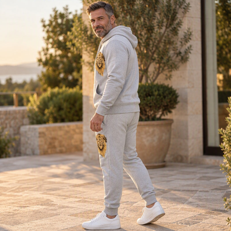 Herren Kapuzenpullover mit Löwenmotiv & Sweathose Set