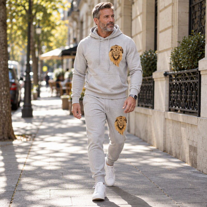 Herren Kapuzenpullover mit Löwenmotiv & Sweathose Set